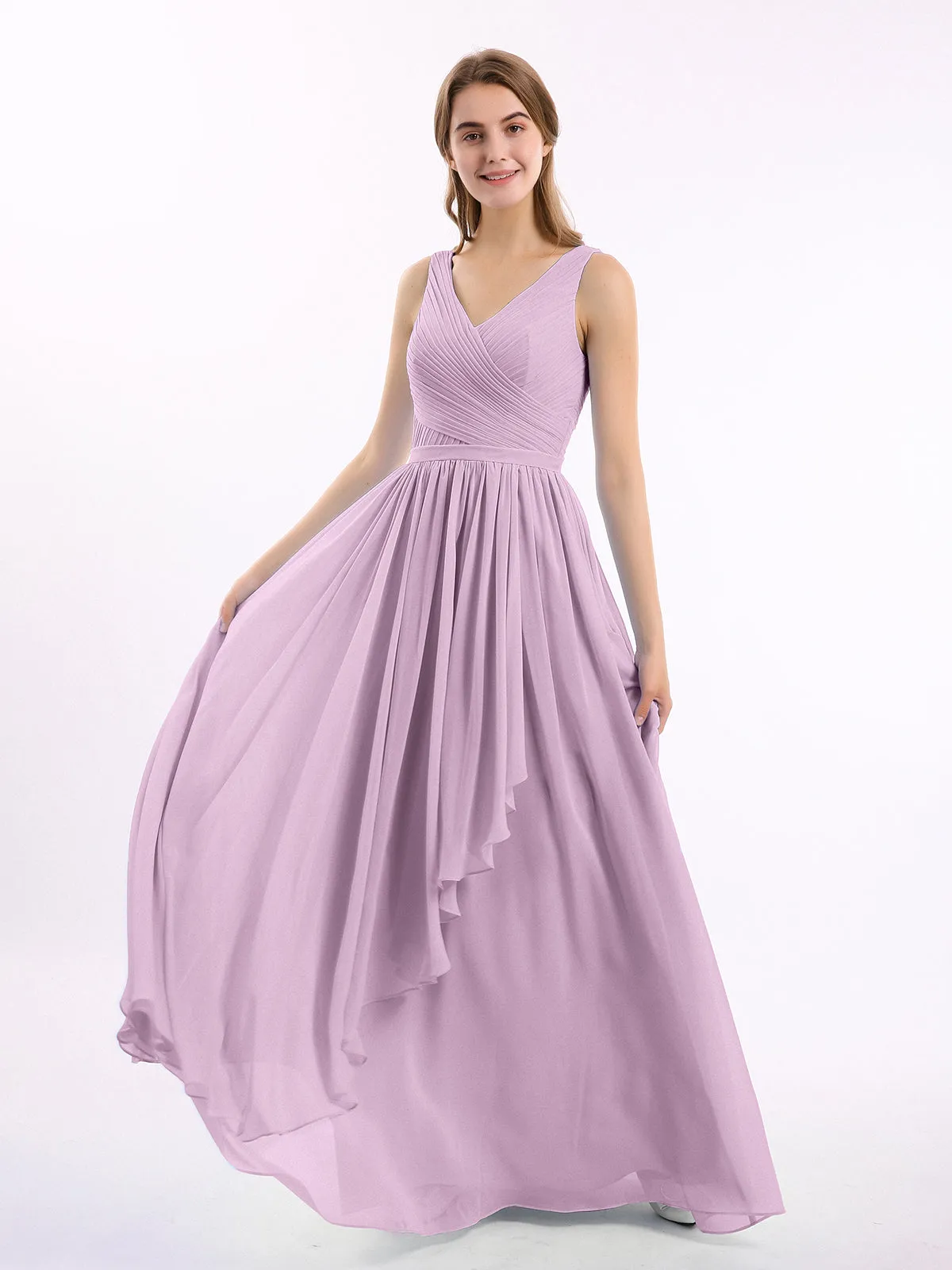 Chiffon V-neck Dress with Cascade Skirt Wisteria