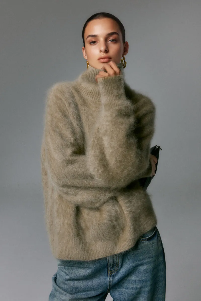 Chunky Brushed Cashmere Turtleneck Pullover Sweater