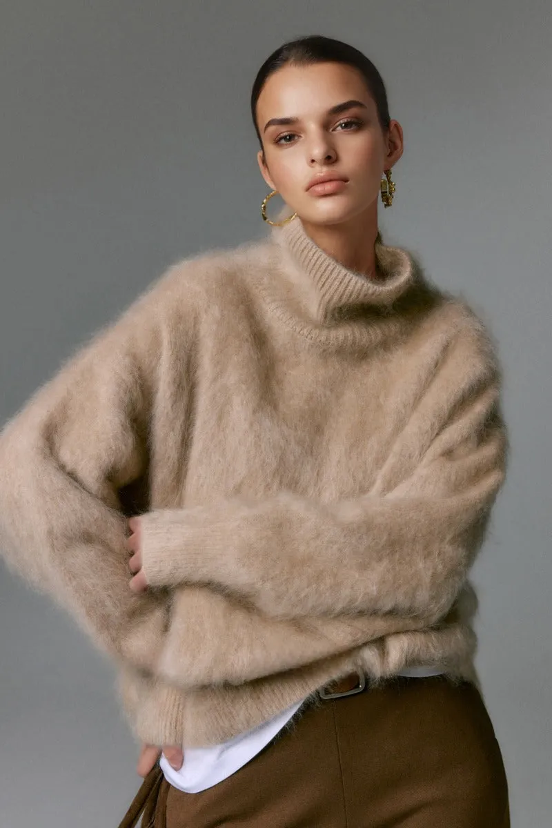 Chunky Brushed Cashmere Turtleneck Pullover Sweater