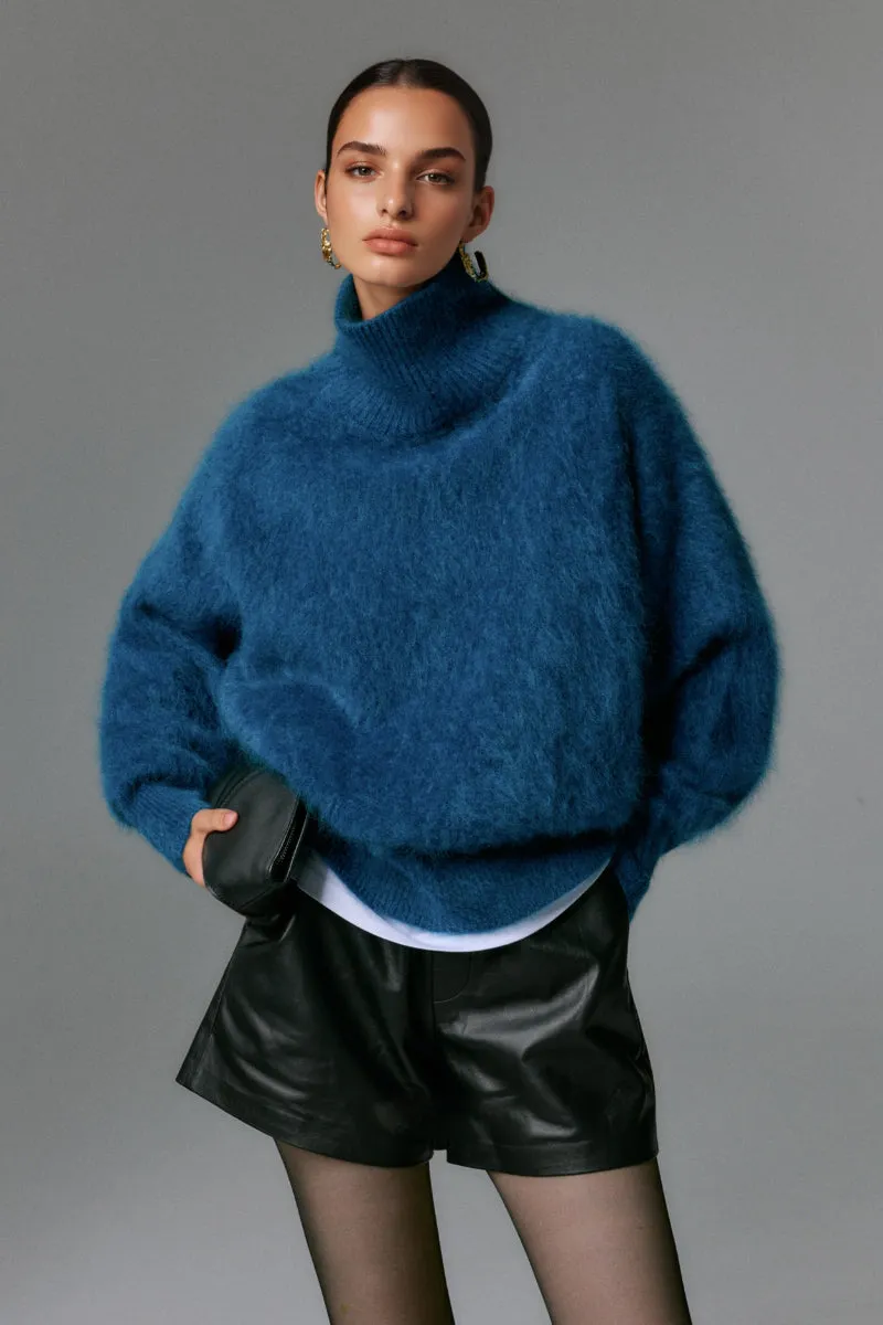 Chunky Brushed Cashmere Turtleneck Pullover Sweater