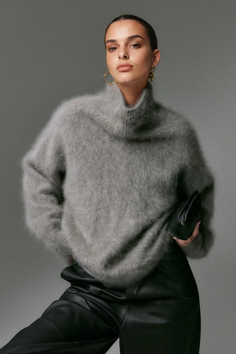 Chunky Brushed Cashmere Turtleneck Pullover Sweater