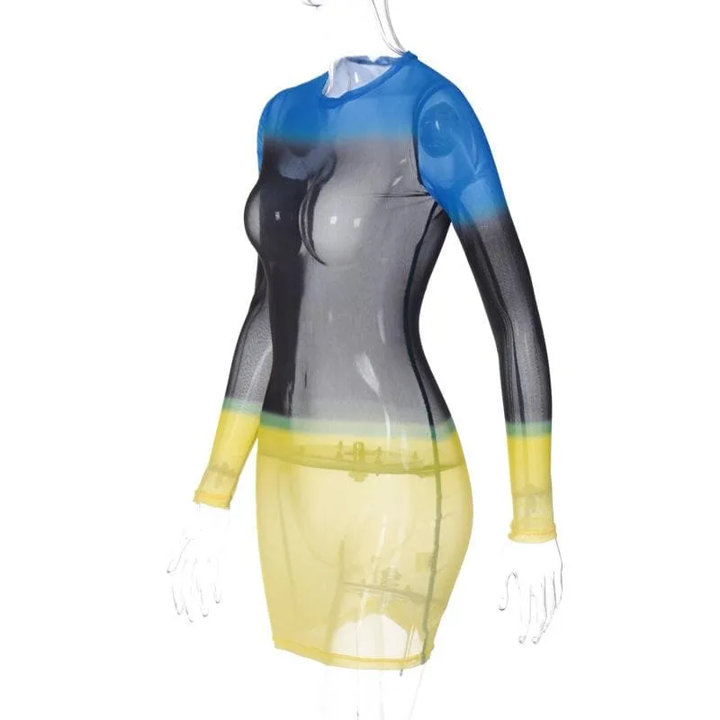 Contrast sheer mesh see through long sleeve crewneck mini dress  | samba dress