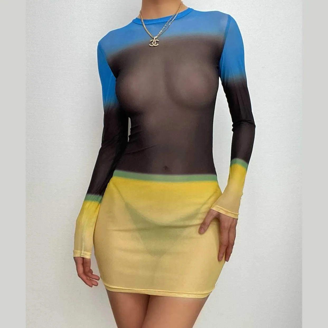 Contrast sheer mesh see through long sleeve crewneck mini dress  | samba dress