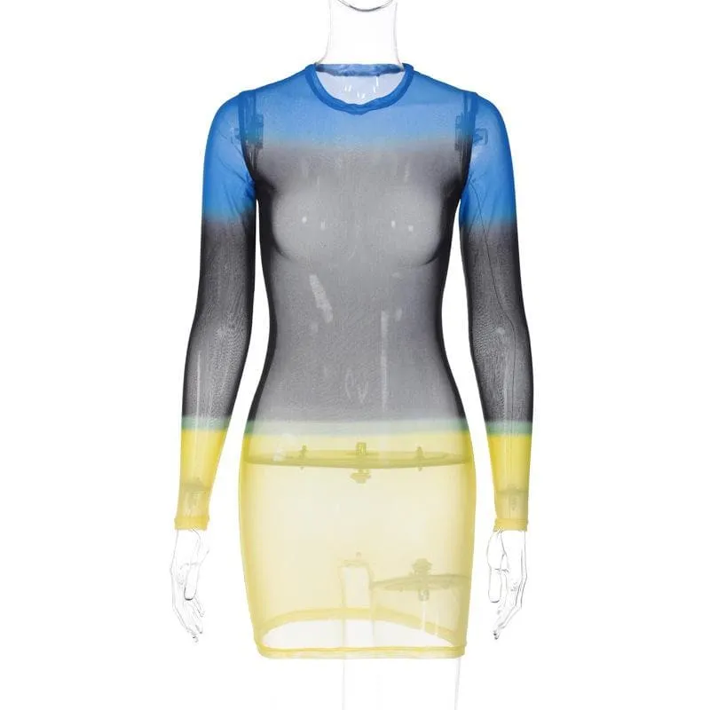 Contrast sheer mesh see through long sleeve crewneck mini dress  | samba dress