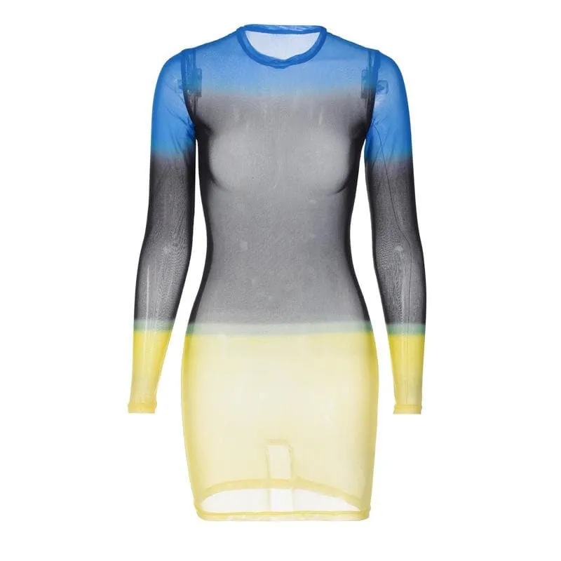 Contrast sheer mesh see through long sleeve crewneck mini dress  | samba dress