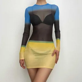 Contrast sheer mesh see through long sleeve crewneck mini dress  | samba dress
