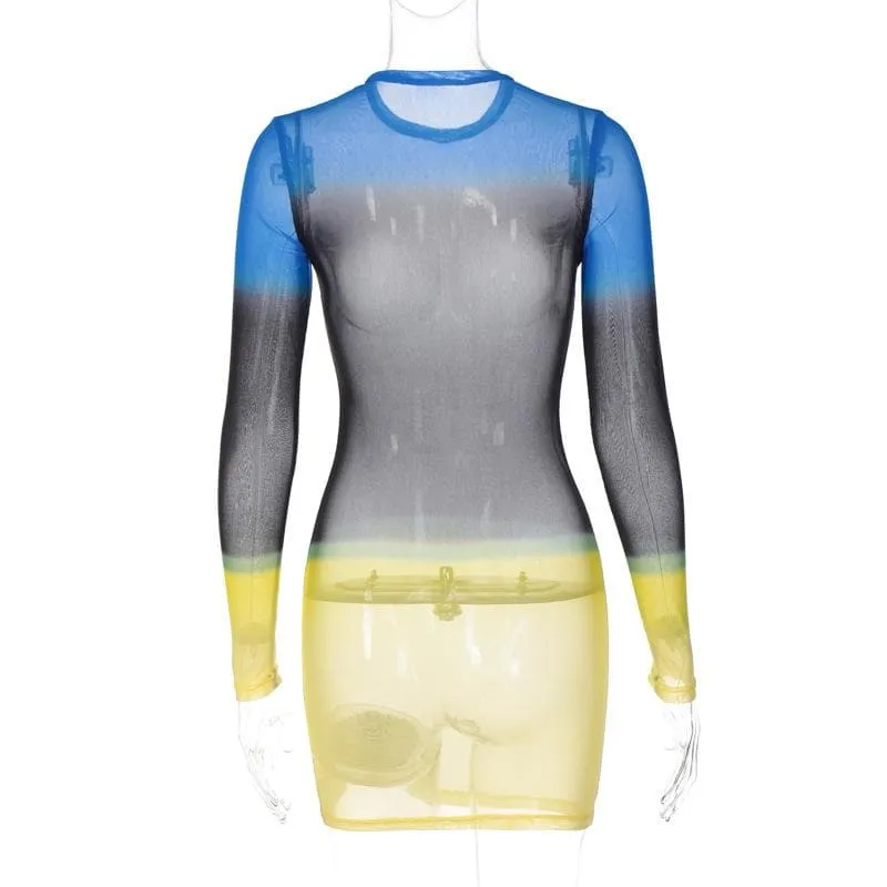 Contrast sheer mesh see through long sleeve crewneck mini dress  | samba dress