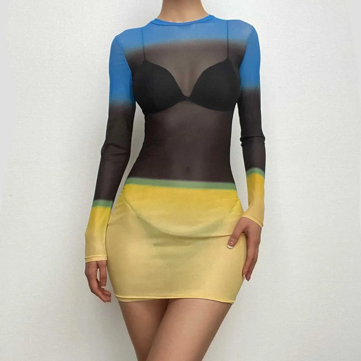 Contrast sheer mesh see through long sleeve crewneck mini dress  | samba dress