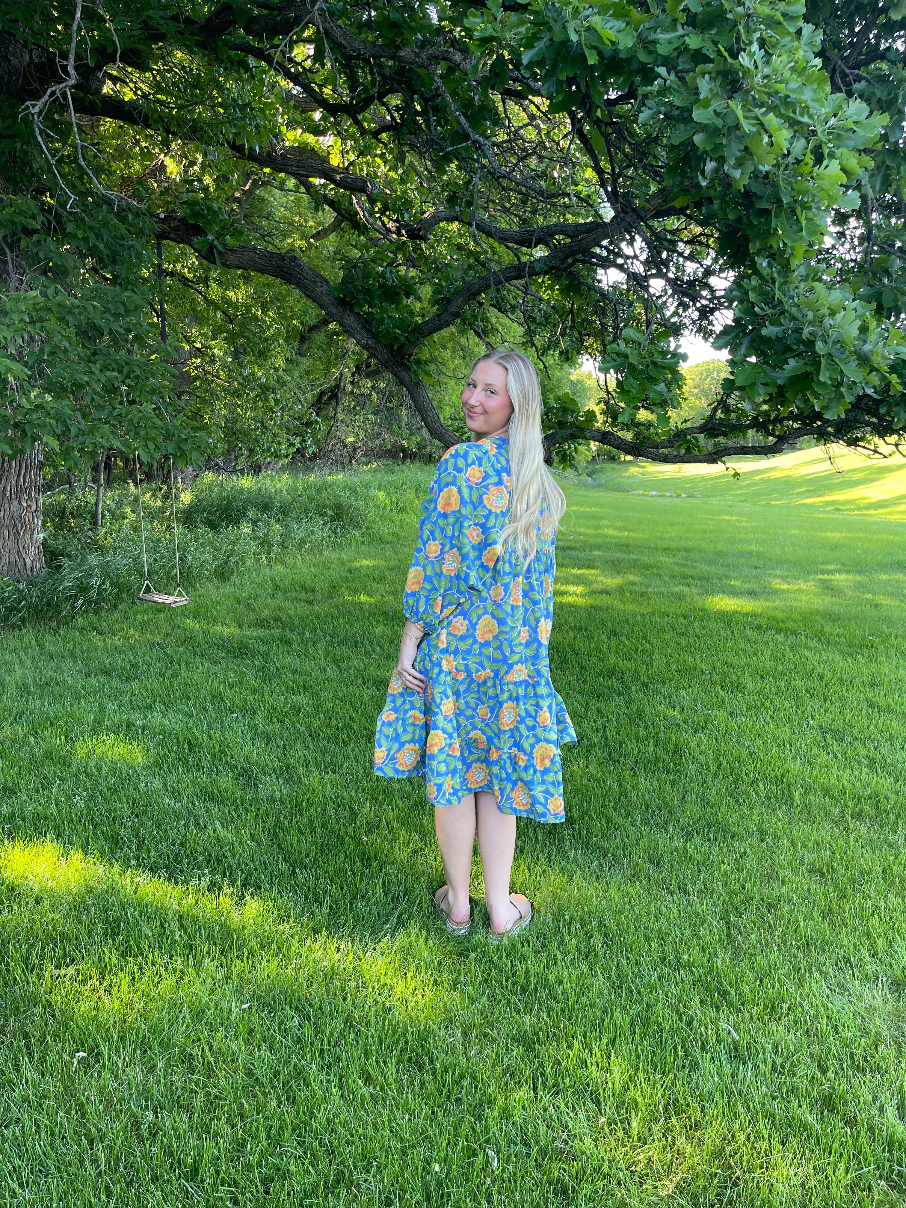 Cotton Block Printed Yellow & Blue Floral Dress