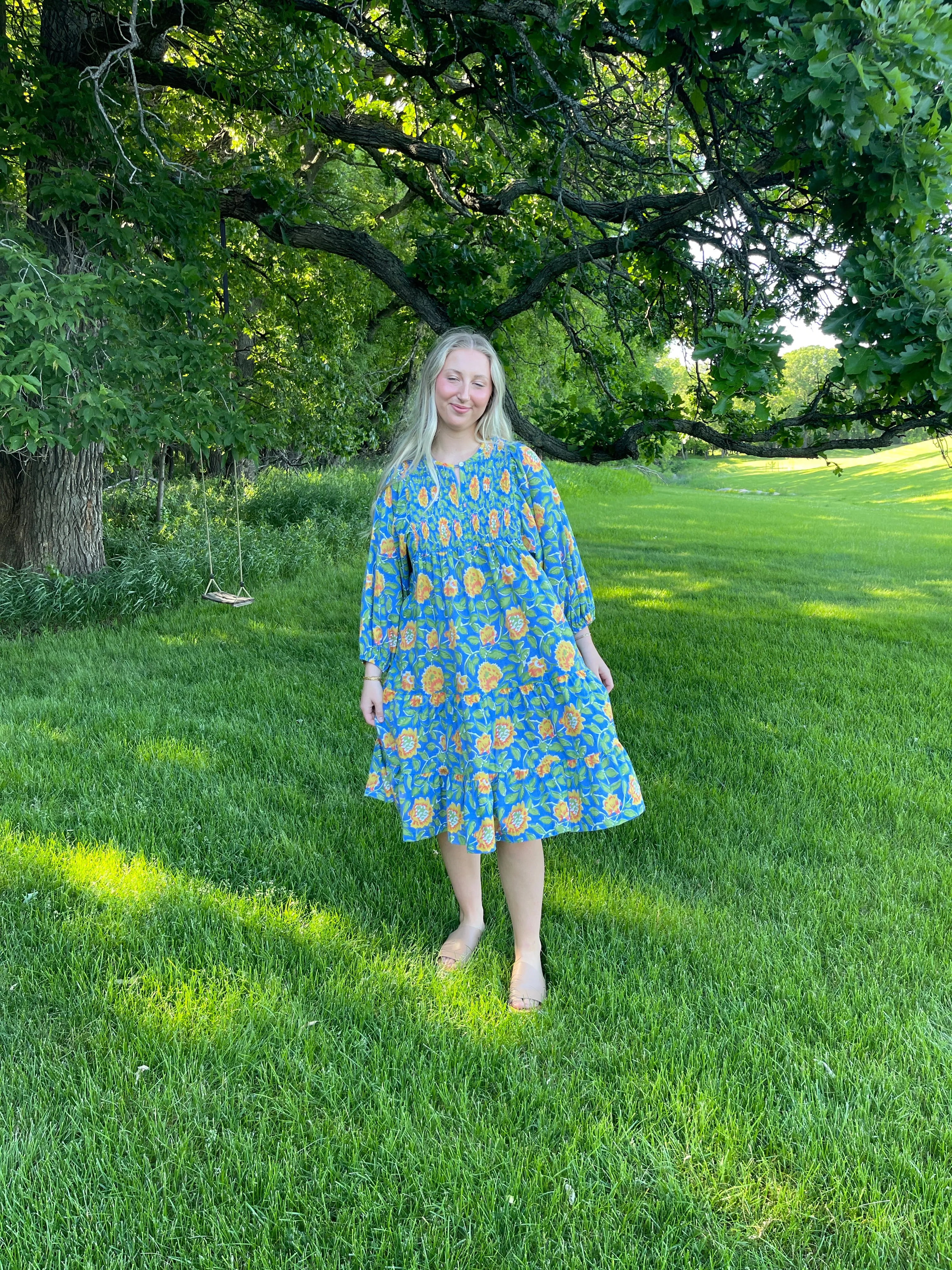 Cotton Block Printed Yellow & Blue Floral Dress