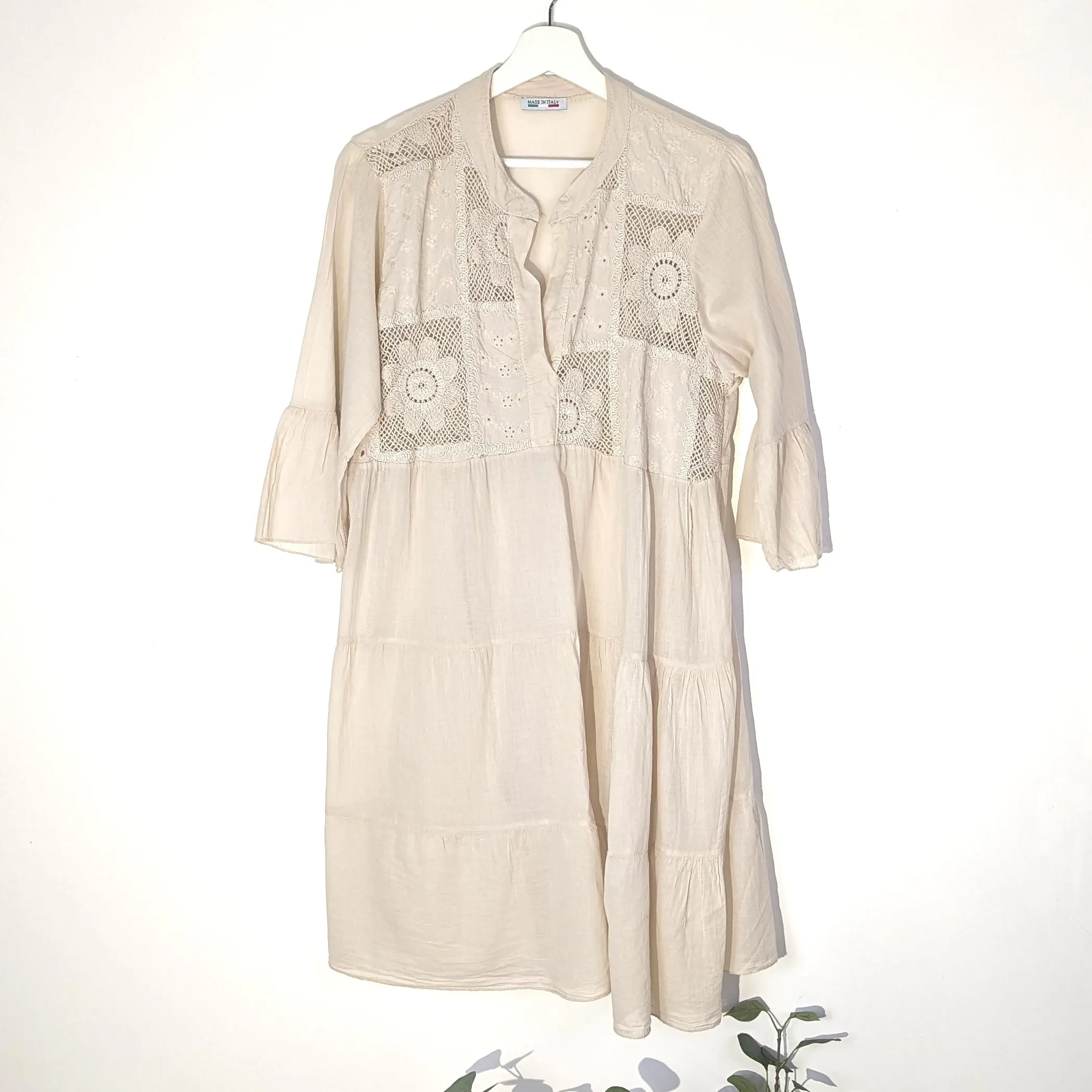 Cotton boho dress with embroidery and crochet detail on front with comfy undergarment (M)