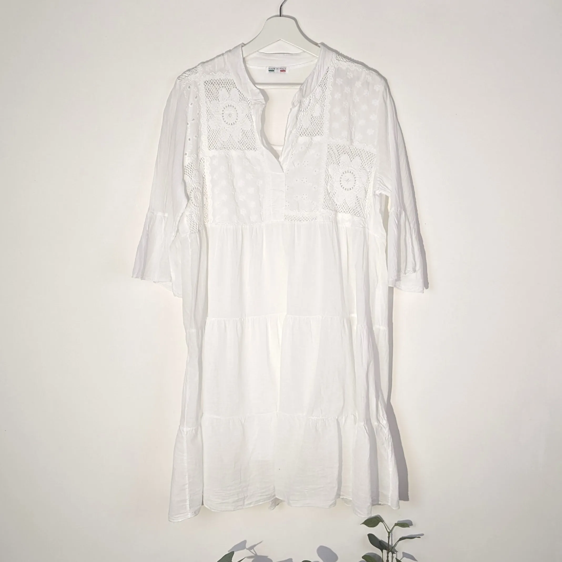 Cotton boho dress with embroidery and crochet detail on front with comfy undergarment (M)