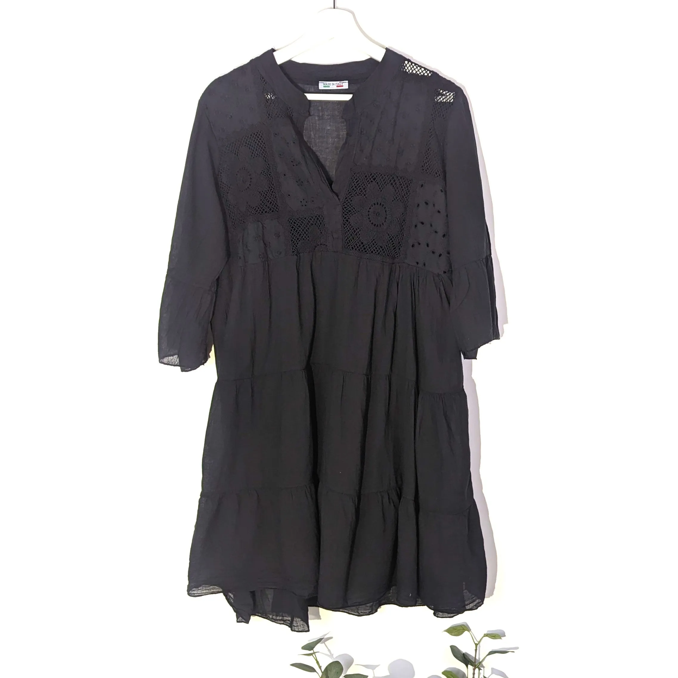Cotton boho dress with embroidery and crochet detail on front with comfy undergarment (M)