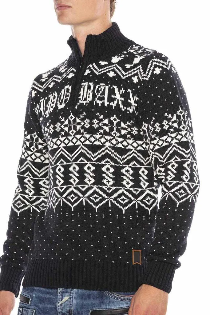 CP233 High Collar Zippered Patterned Thick Sweater