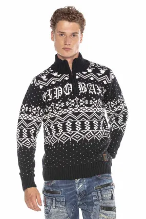 CP233 High Collar Zippered Patterned Thick Sweater