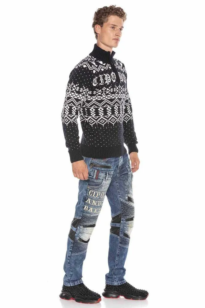 CP233 High Collar Zippered Patterned Thick Sweater