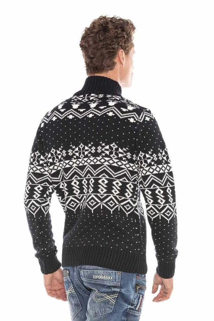 CP233 High Collar Zippered Patterned Thick Sweater