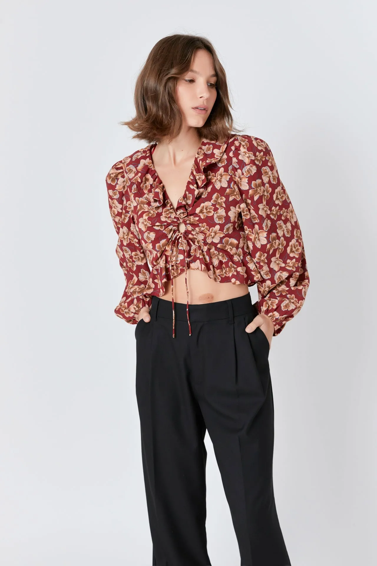 Crinkled Floral Center Cutout Blouse