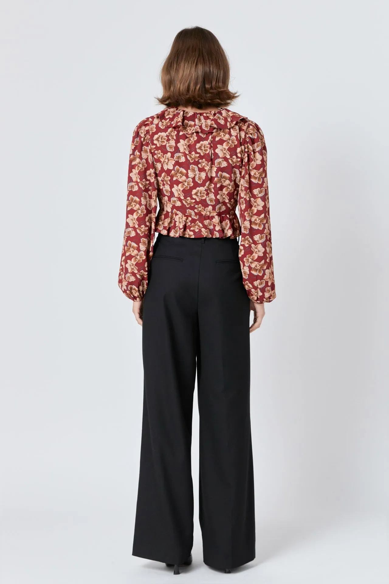 Crinkled Floral Center Cutout Blouse