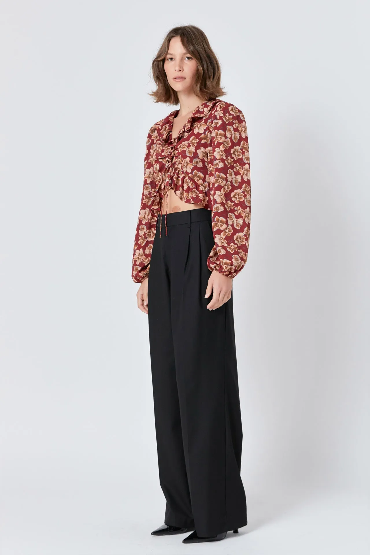 Crinkled Floral Center Cutout Blouse