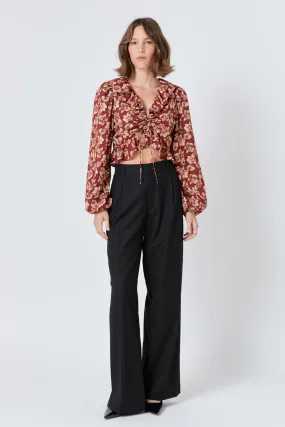 Crinkled Floral Center Cutout Blouse