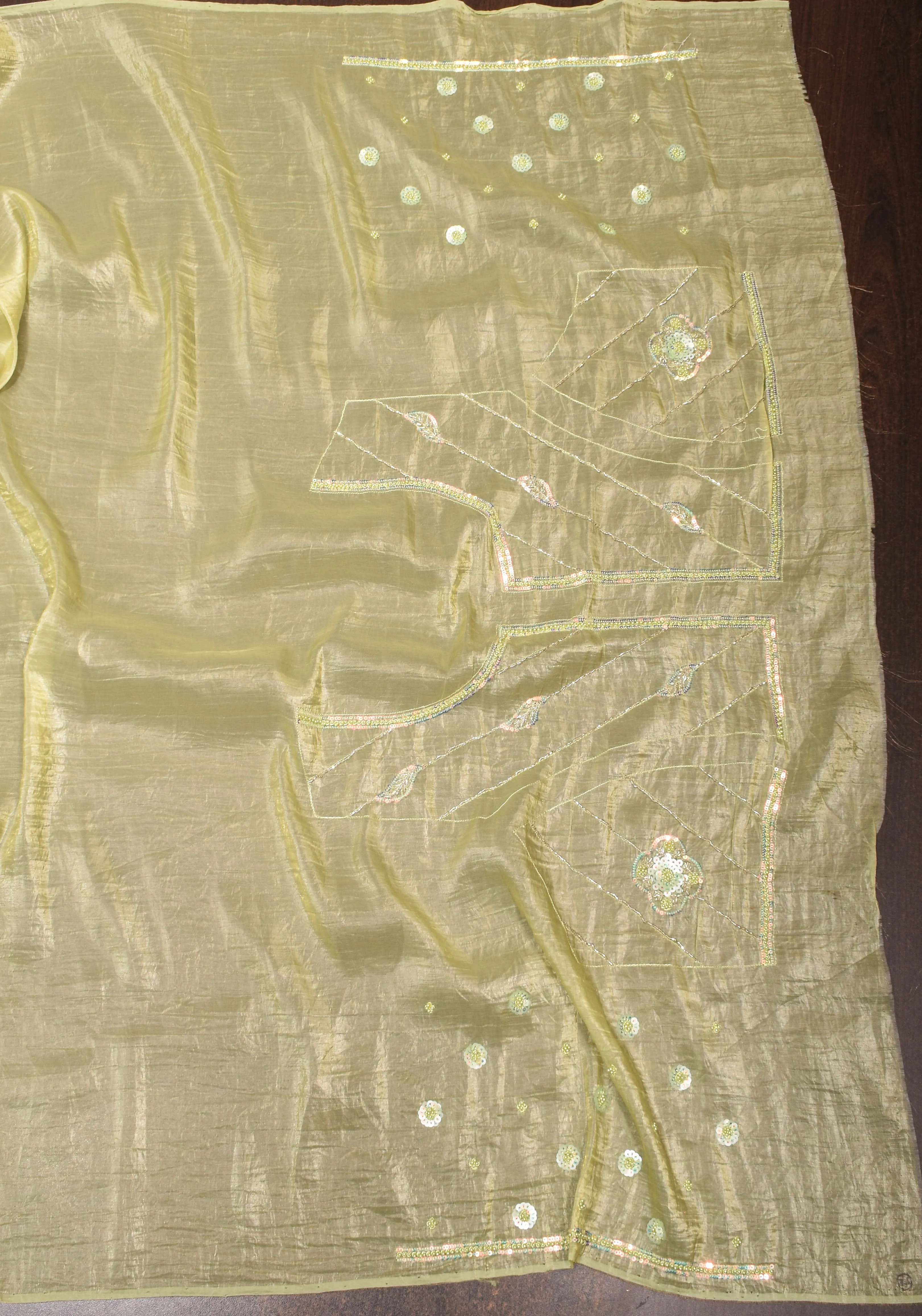 Crinkled Moss Organza  Tea Green Saree with Sequined Borders