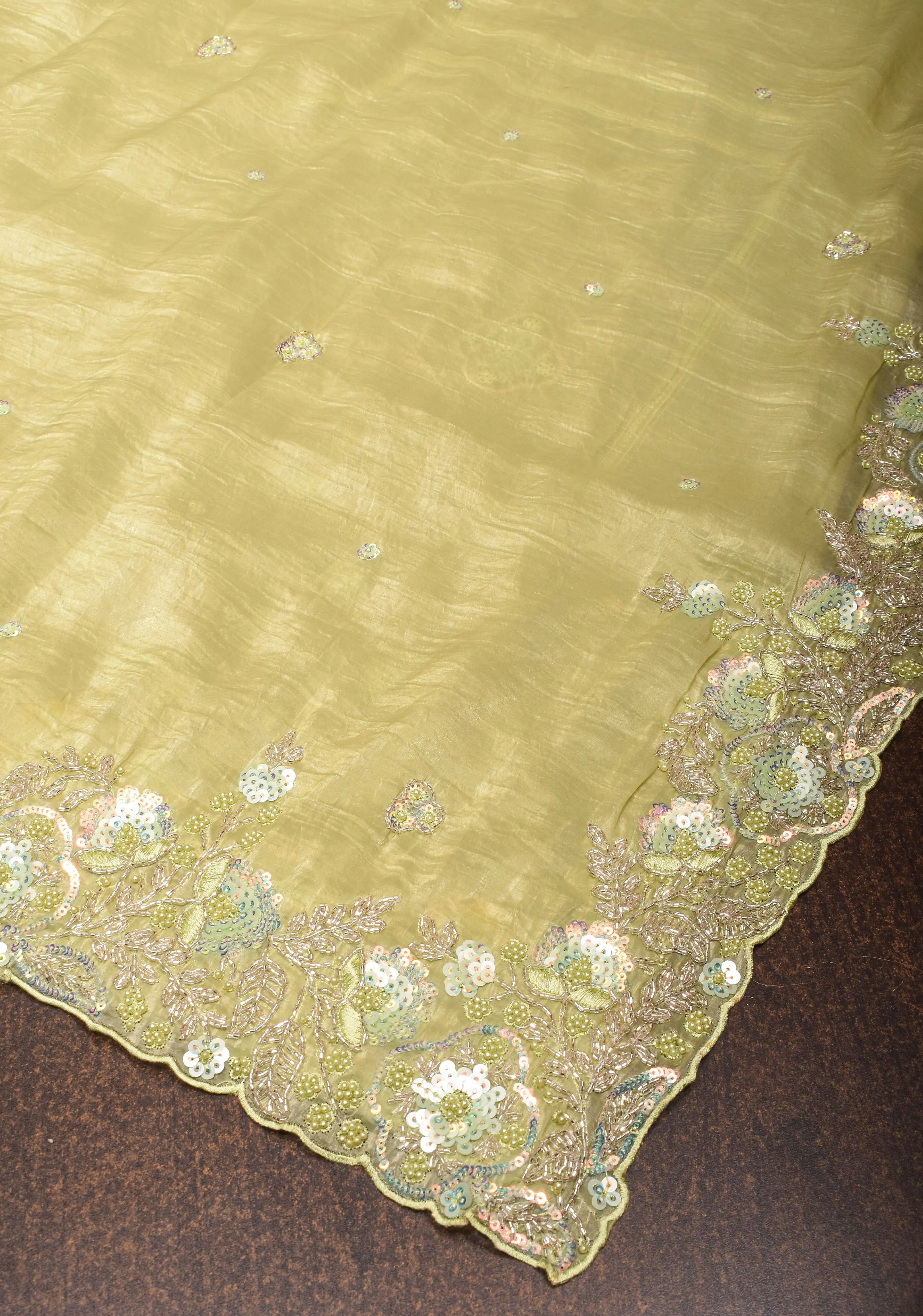 Crinkled Moss Organza  Tea Green Saree with Sequined Borders