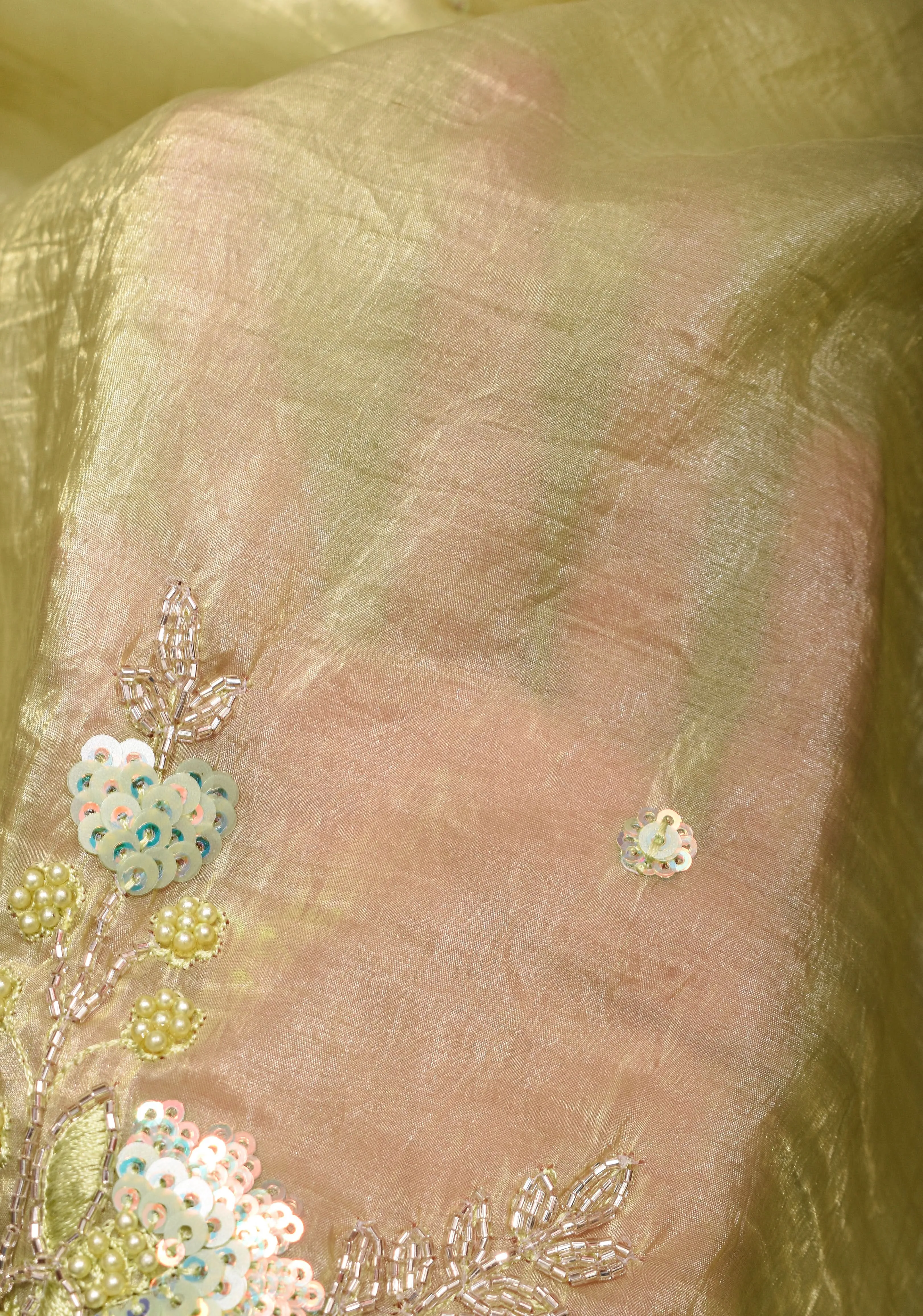 Crinkled Moss Organza  Tea Green Saree with Sequined Borders