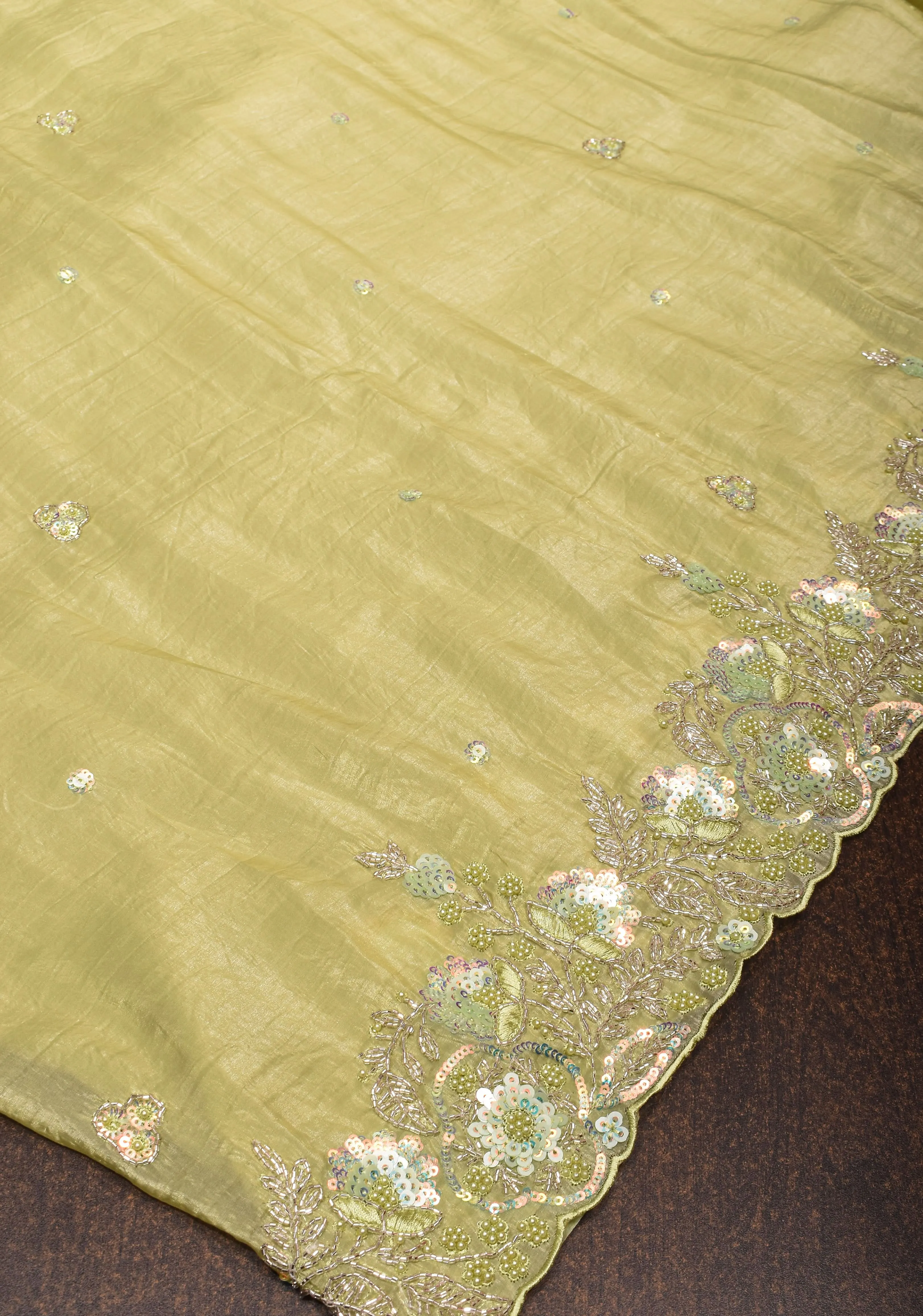 Crinkled Moss Organza  Tea Green Saree with Sequined Borders