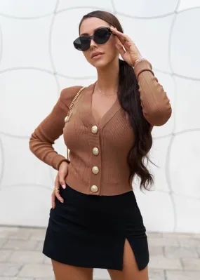 Cropped Ribbed Knitted Cardigan - Brown