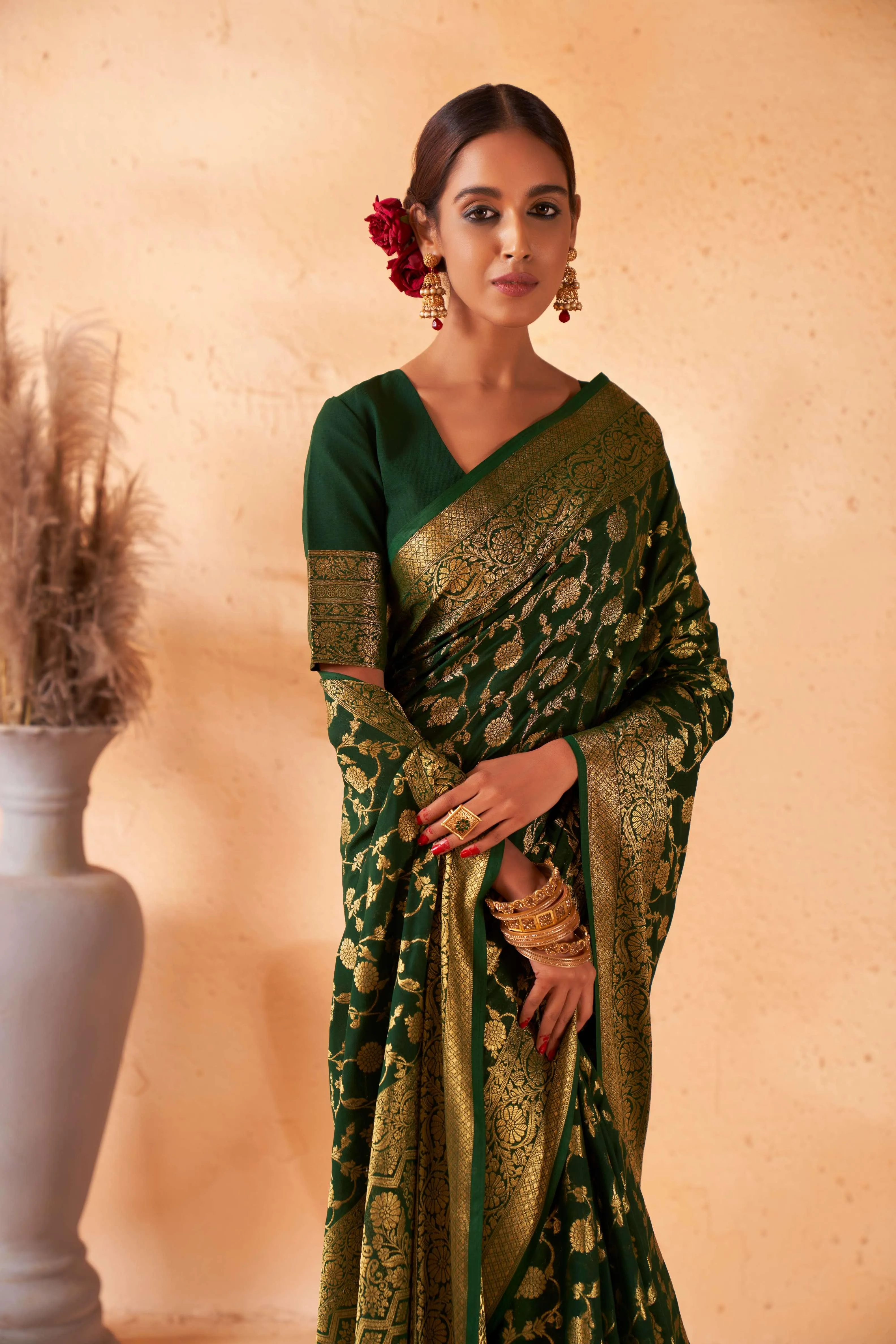 Dark Green Banarasi Georgette Saree