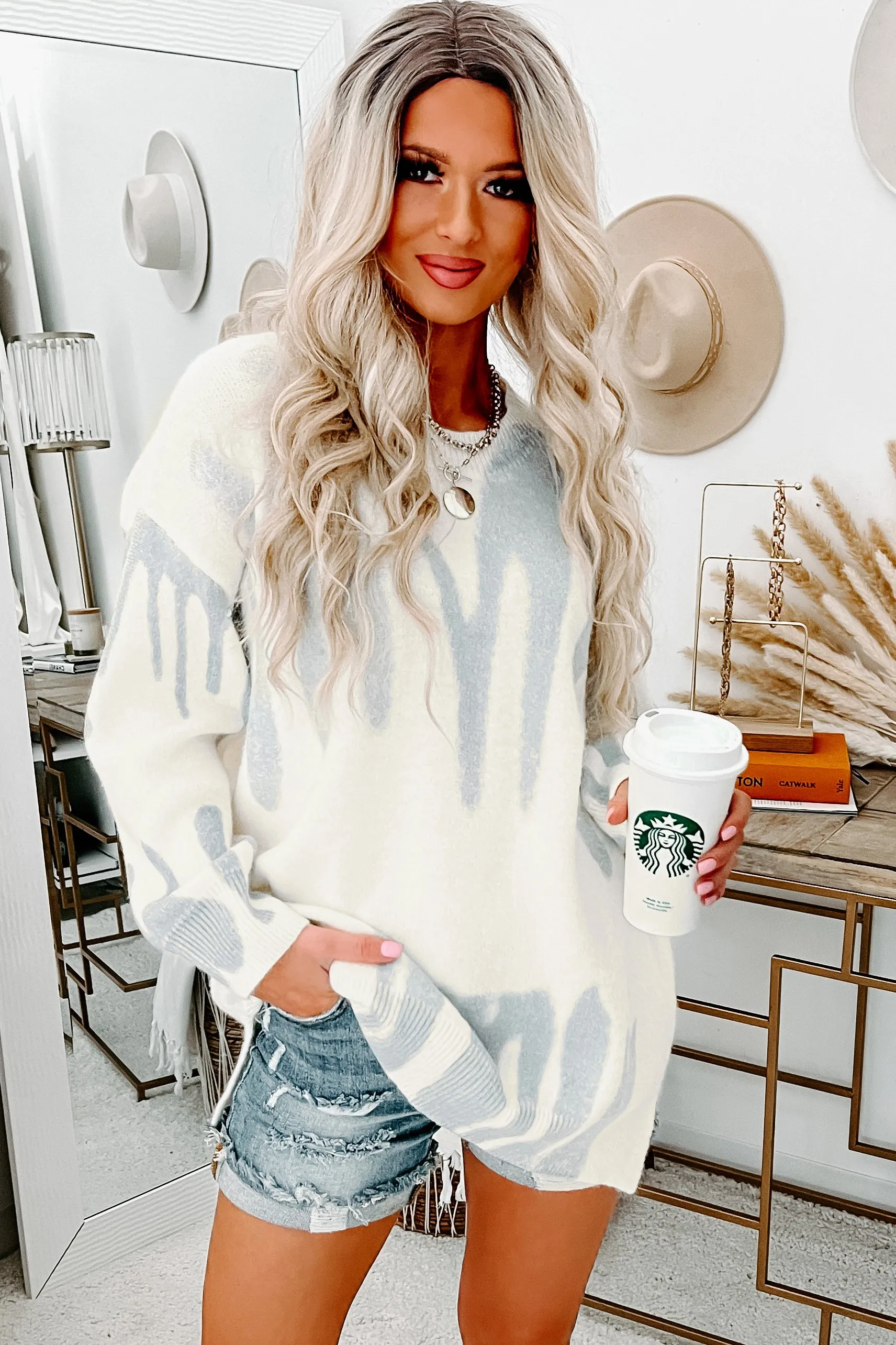 Downtown Muse Patterned Crewneck Sweater (Cream/Grey)