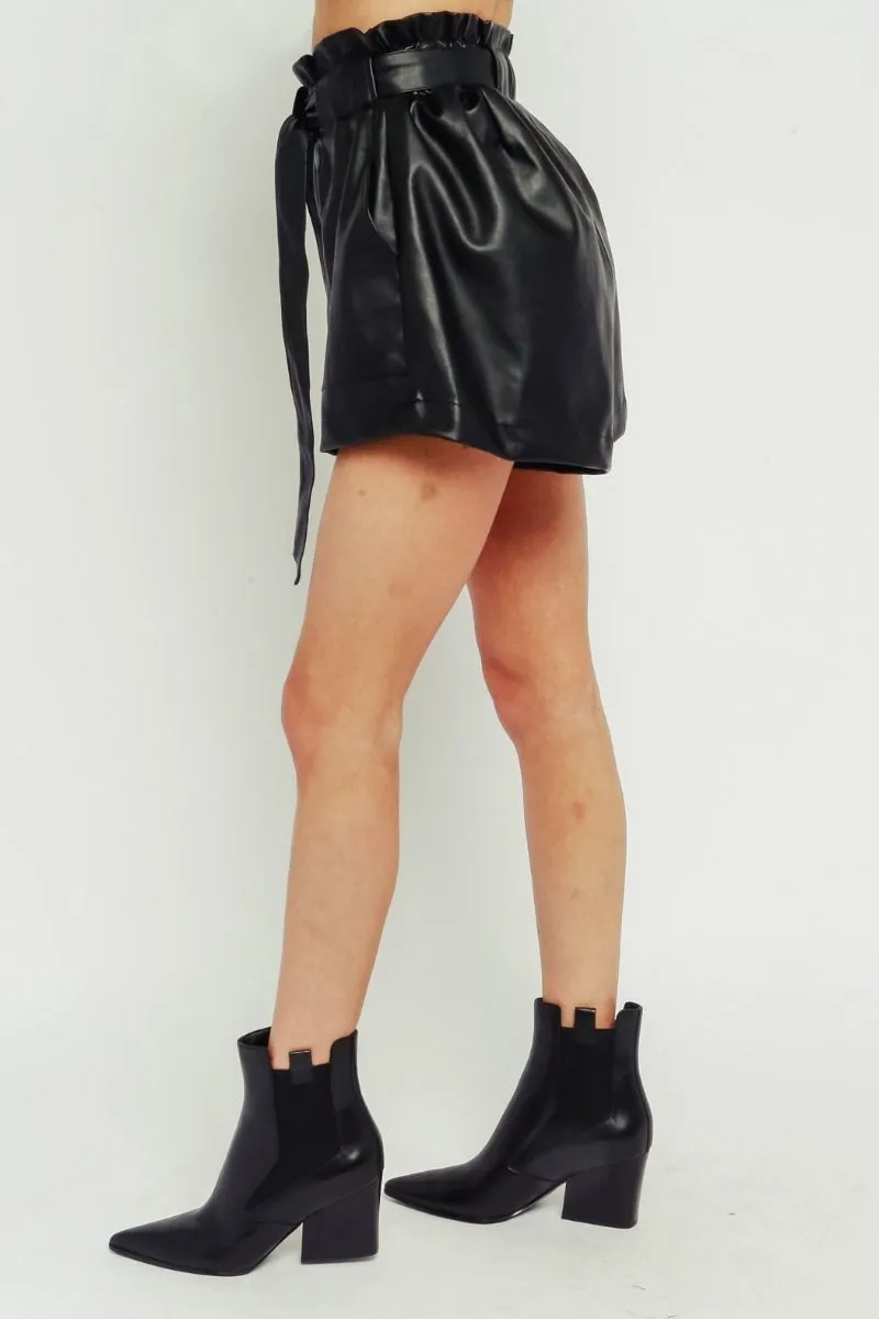 Eco Leather Self Belt High Waist Paper Bag Shorts