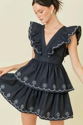 EMBROIDERED TRIM RUFFLE MINI DRESS