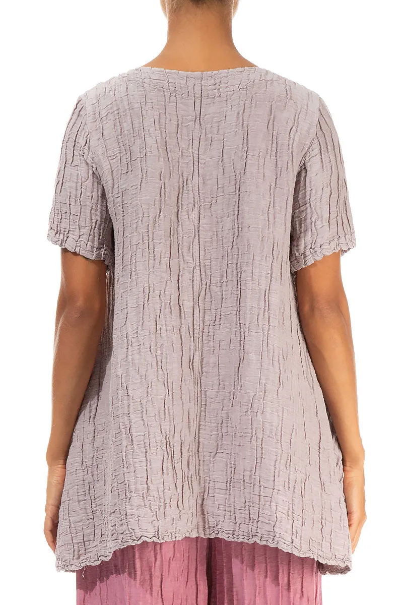 Flared Pockets Crinkled Greige Silk Blouse