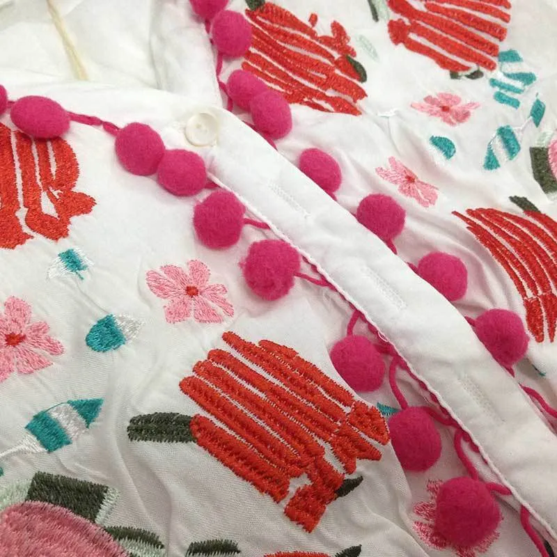 Floral Embroidered Hippie White Long Sleeve Pompom Maxi Dress