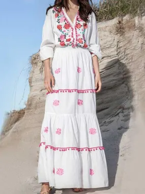 Floral Embroidered Hippie White Long Sleeve Pompom Maxi Dress