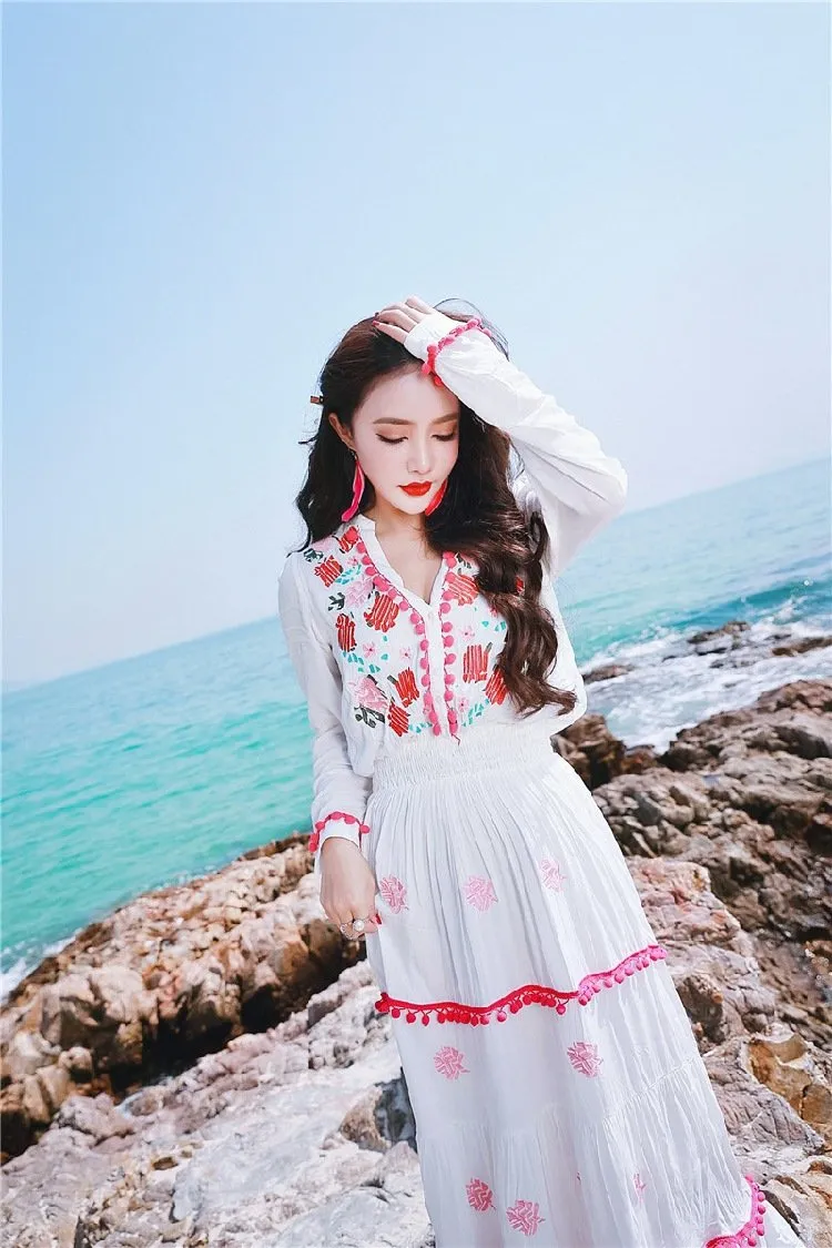 Floral Embroidered Hippie White Long Sleeve Pompom Maxi Dress