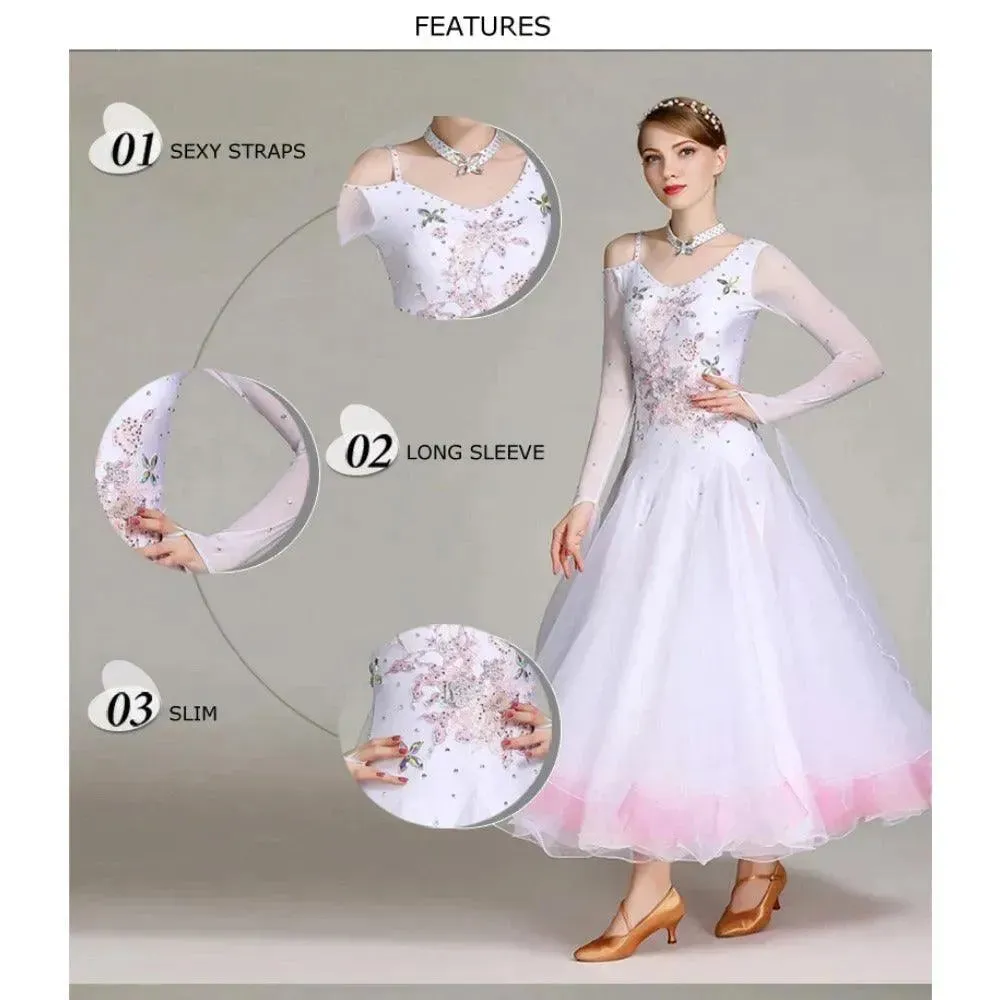 Floral Embroidered Prom Dress Ball Gown Embroidered Floral Long Sleeve for Ballroom Dance