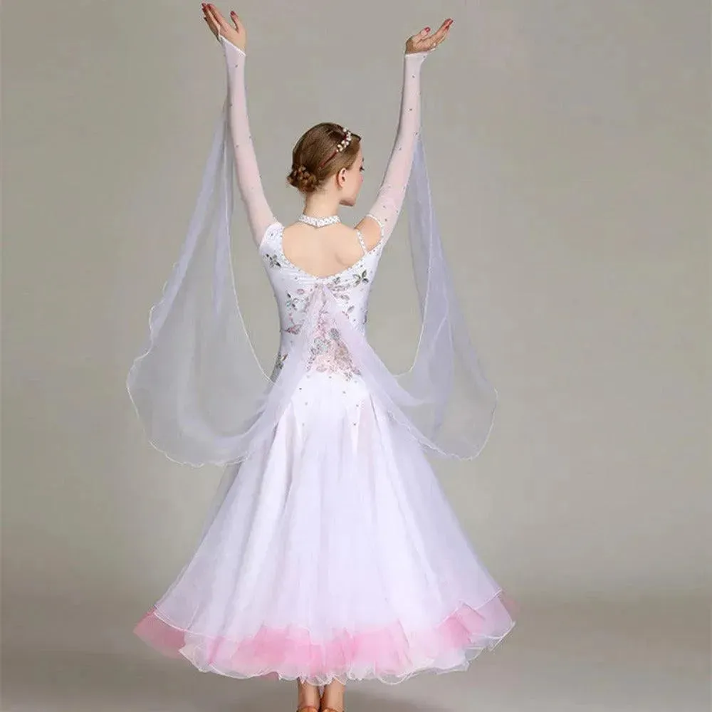 Floral Embroidered Prom Dress Ball Gown Embroidered Floral Long Sleeve for Ballroom Dance