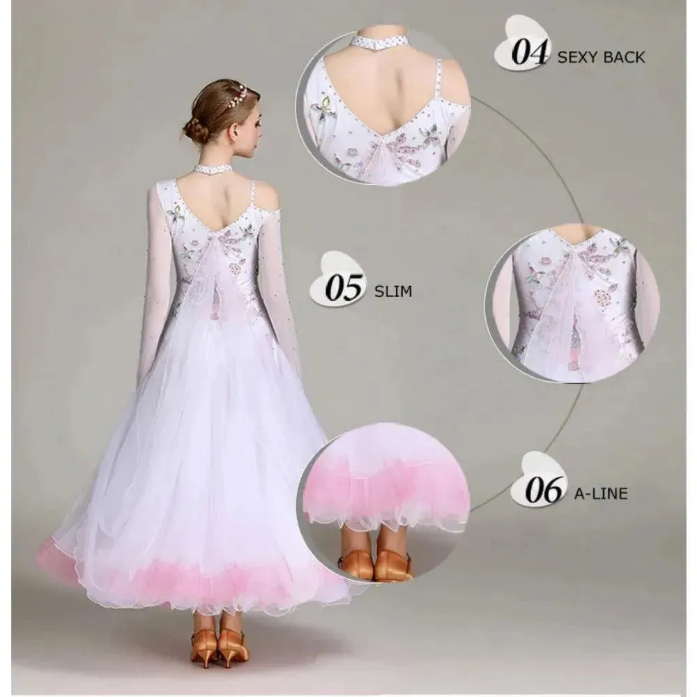 Floral Embroidered Prom Dress Ball Gown Embroidered Floral Long Sleeve for Ballroom Dance