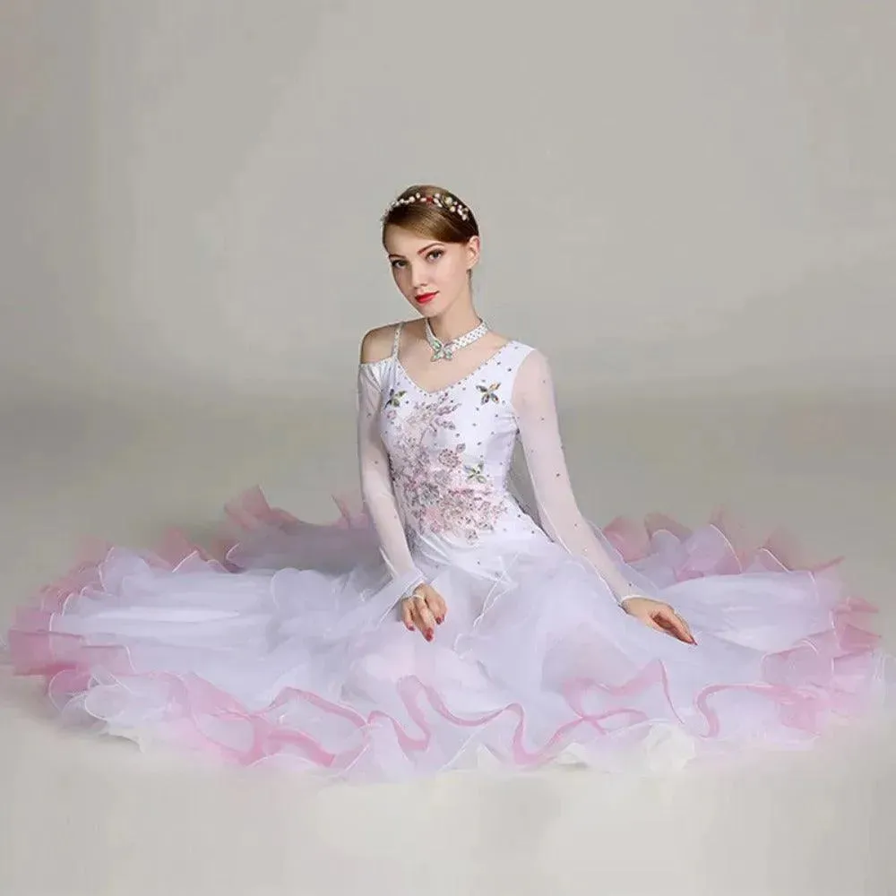 Floral Embroidered Prom Dress Ball Gown Embroidered Floral Long Sleeve for Ballroom Dance