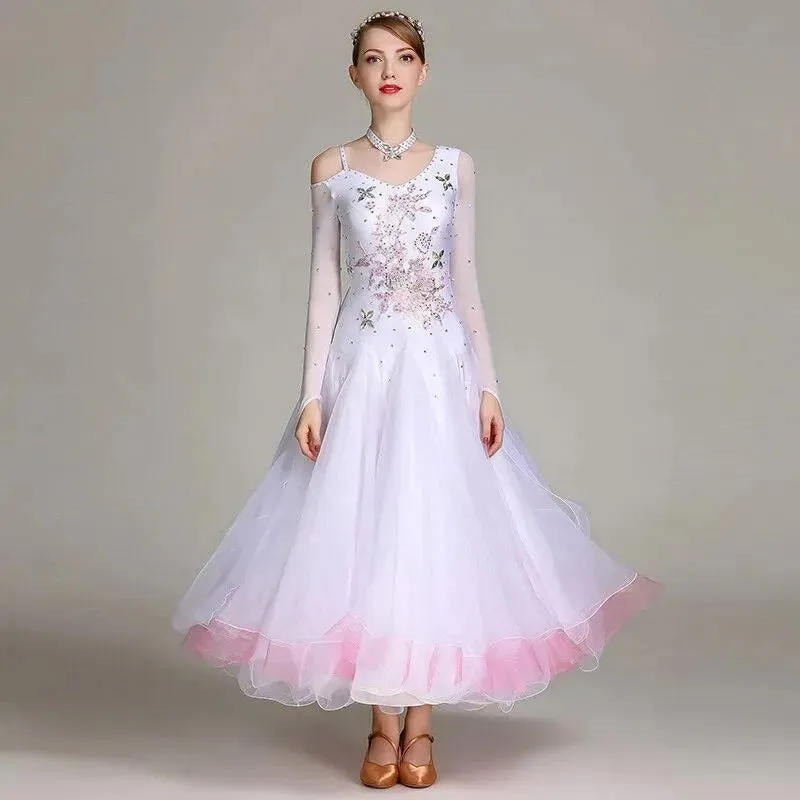 Floral Embroidered Prom Dress Ball Gown Embroidered Floral Long Sleeve for Ballroom Dance