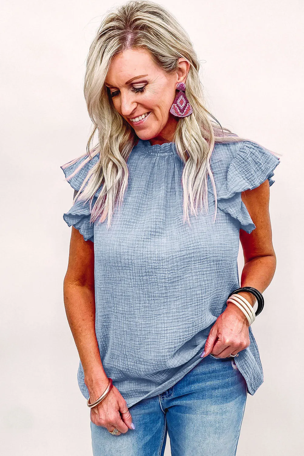 Flutter Sleeve Frilled Neck Textured Blouse