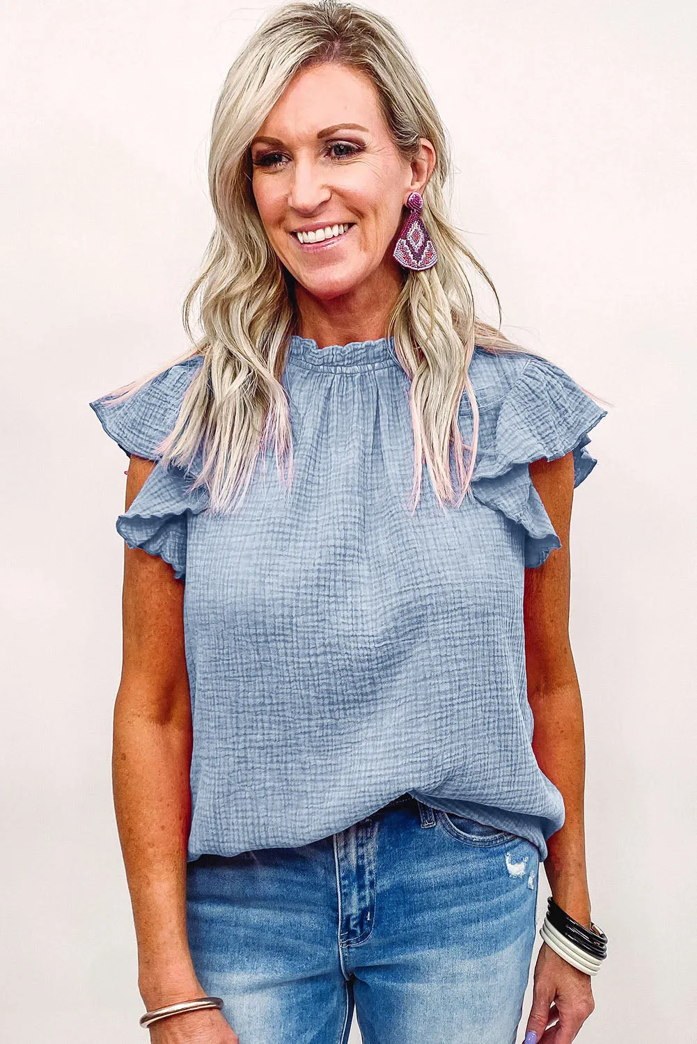 Flutter Sleeve Frilled Neck Textured Blouse