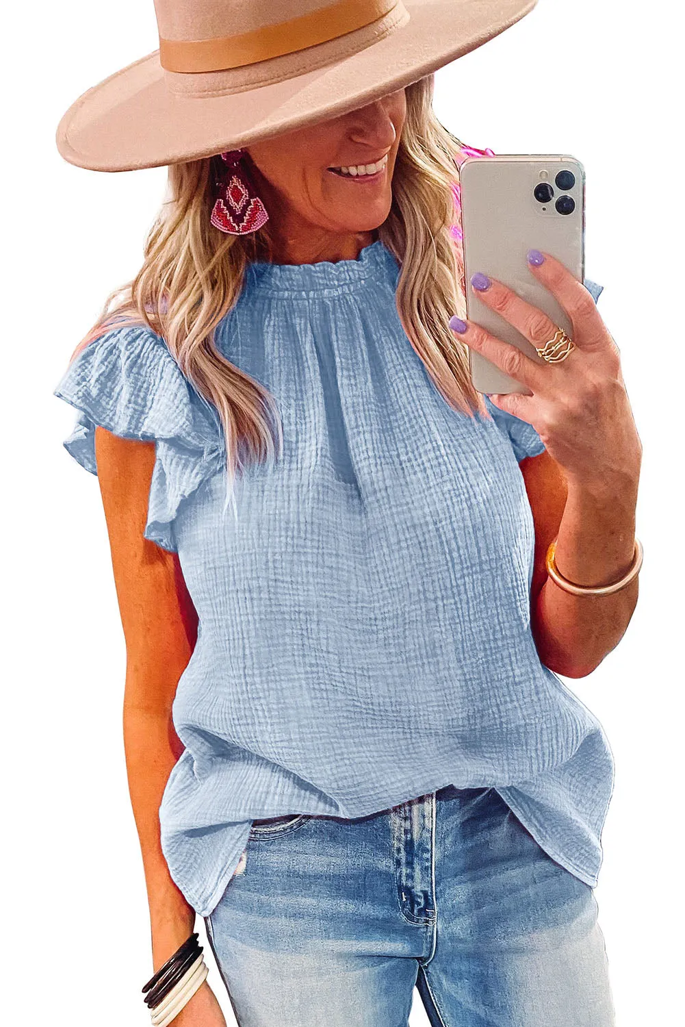 Flutter Sleeve Frilled Neck Textured Blouse