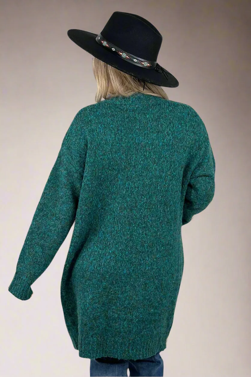 Fuzzy Yarn Long Cardigan - Teal
