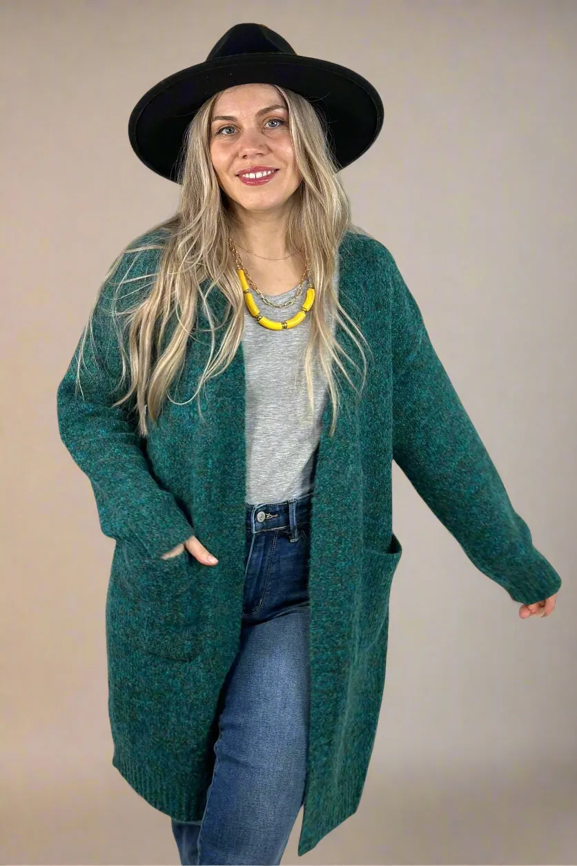 Fuzzy Yarn Long Cardigan - Teal