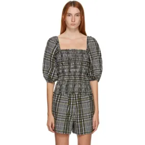GANNI Green Seersucker Check Smock Blouse