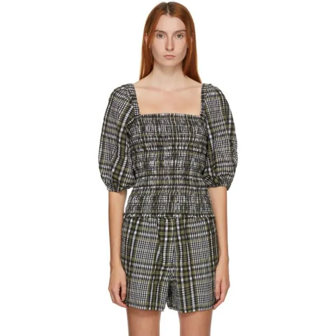 GANNI Green Seersucker Check Smock Blouse
